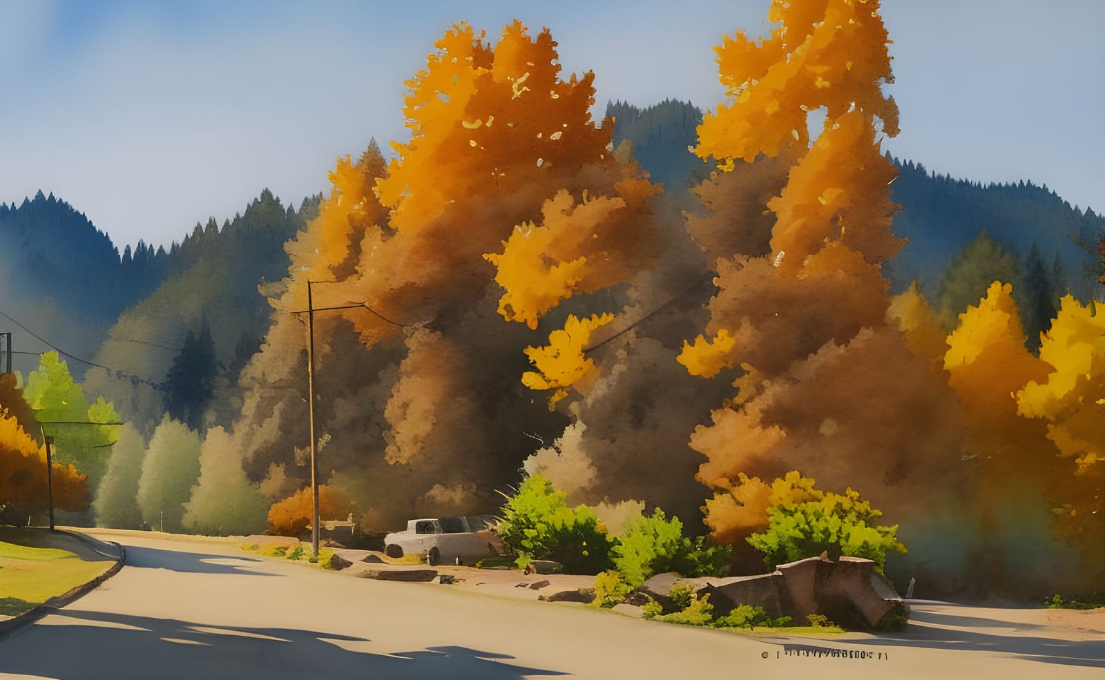 Dunsmuir, California: Watercolor Autumn Landscape