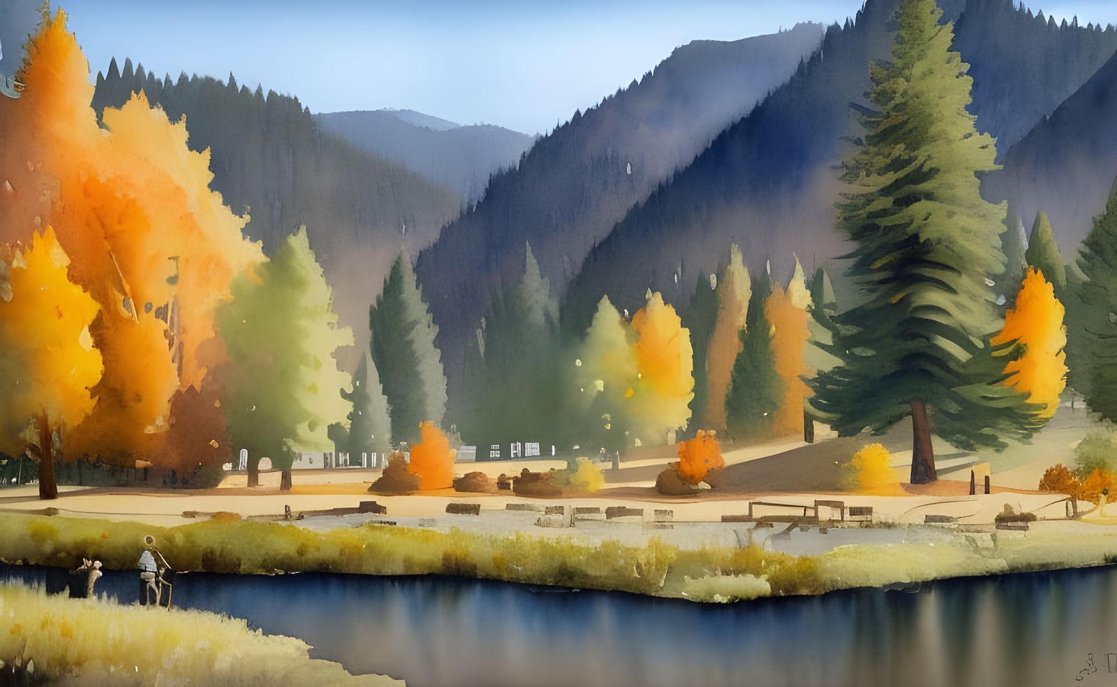Dunsmuir, California, in Autumn Watercolor Landscape