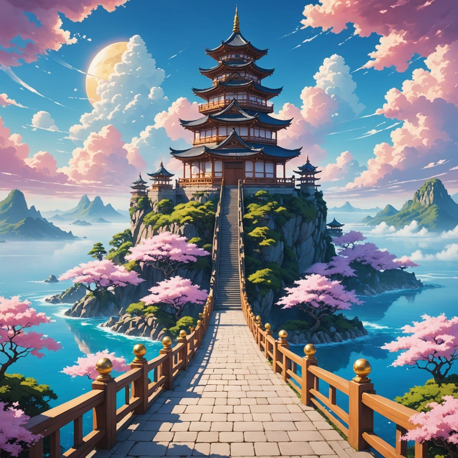 Whimsical Anime Pagoda Amidst Vibrant Clouds in Digital Matt...