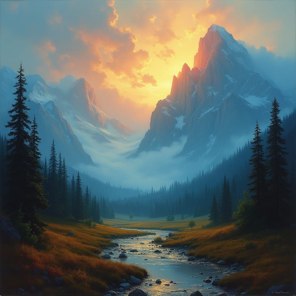 Ethereal Glow on Majestic Mountain Landscape in Deep Earth T...