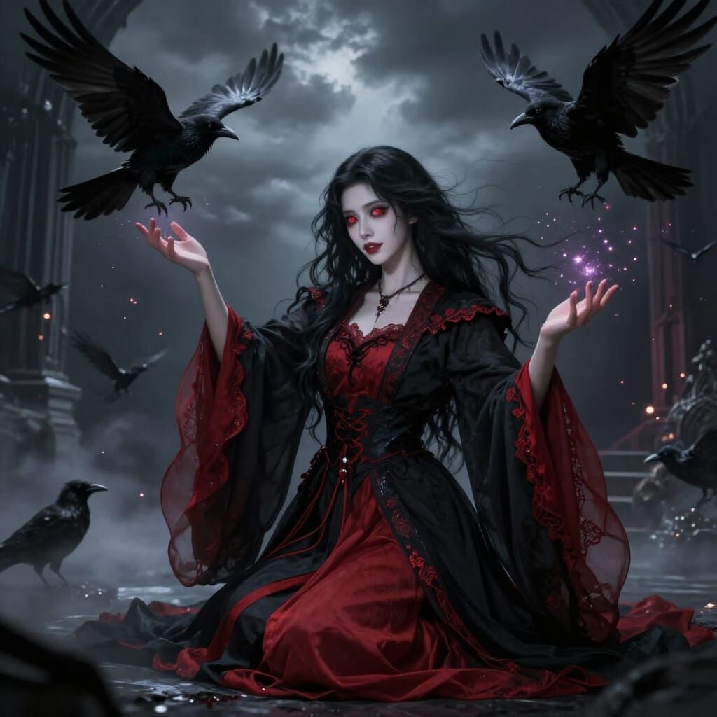 Gothic Sorceress Summoning Ravens in Observatory