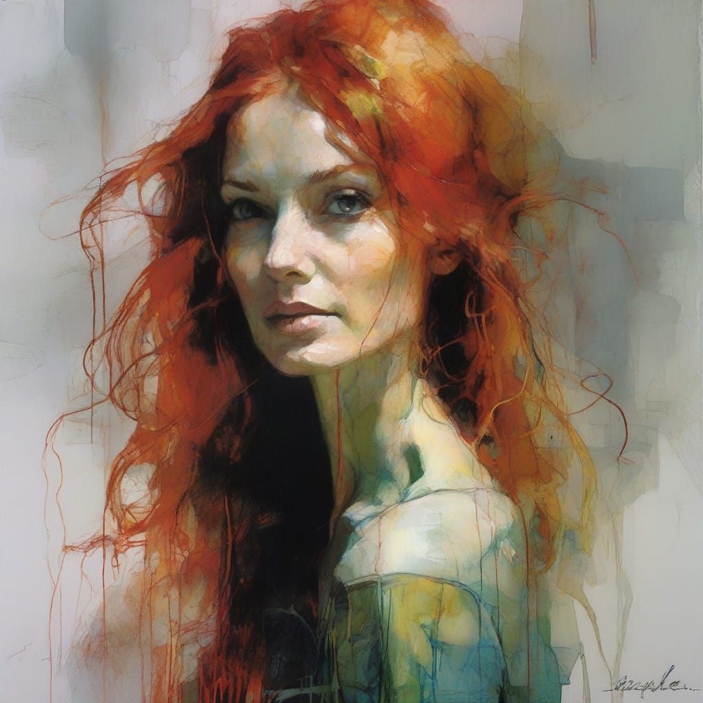 Cyberpunk Portrait of a Red-Blonde Woman in a Glowing Neon H...