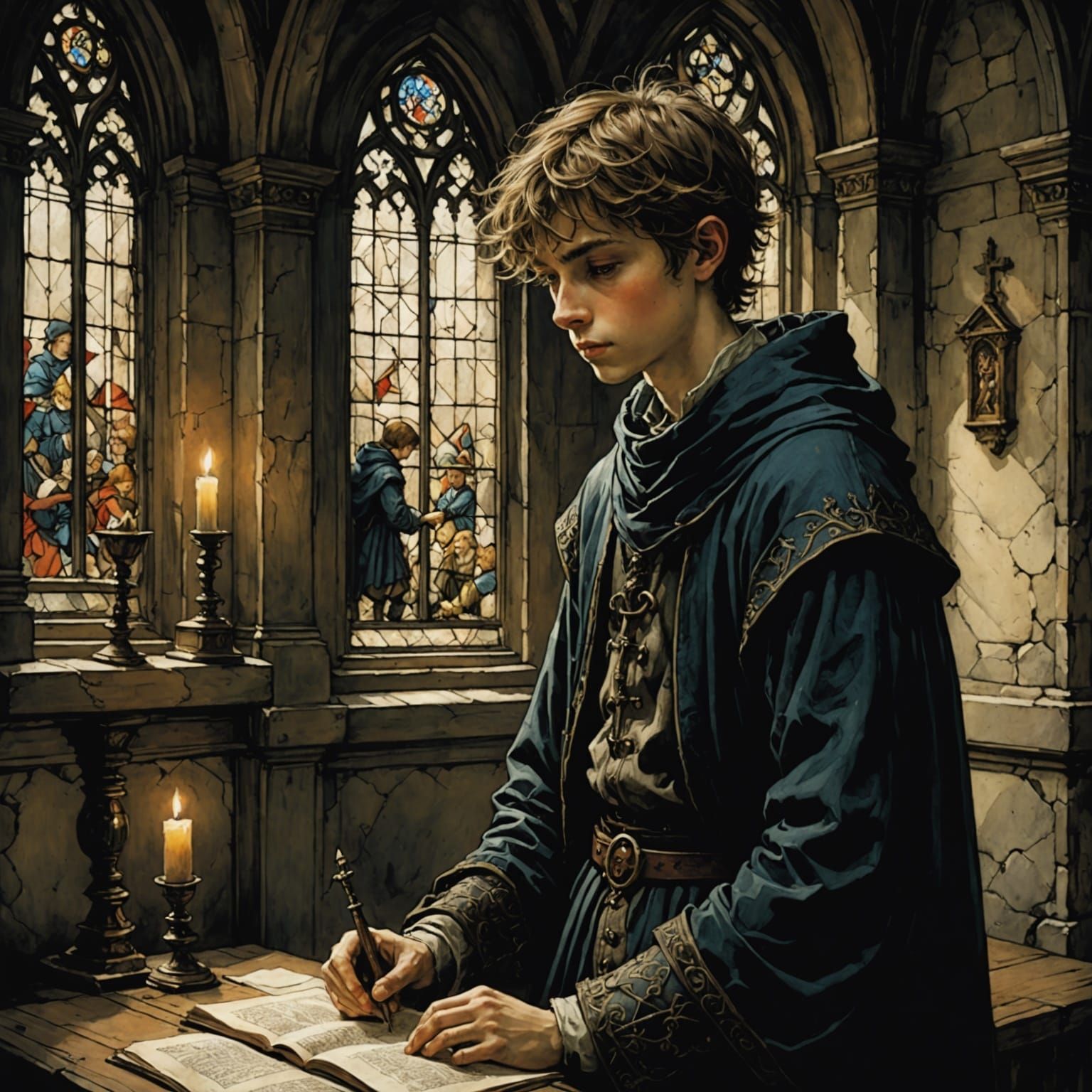 Boy in Medieval Chapel Illuminated in Soft Chiaroscuro Light