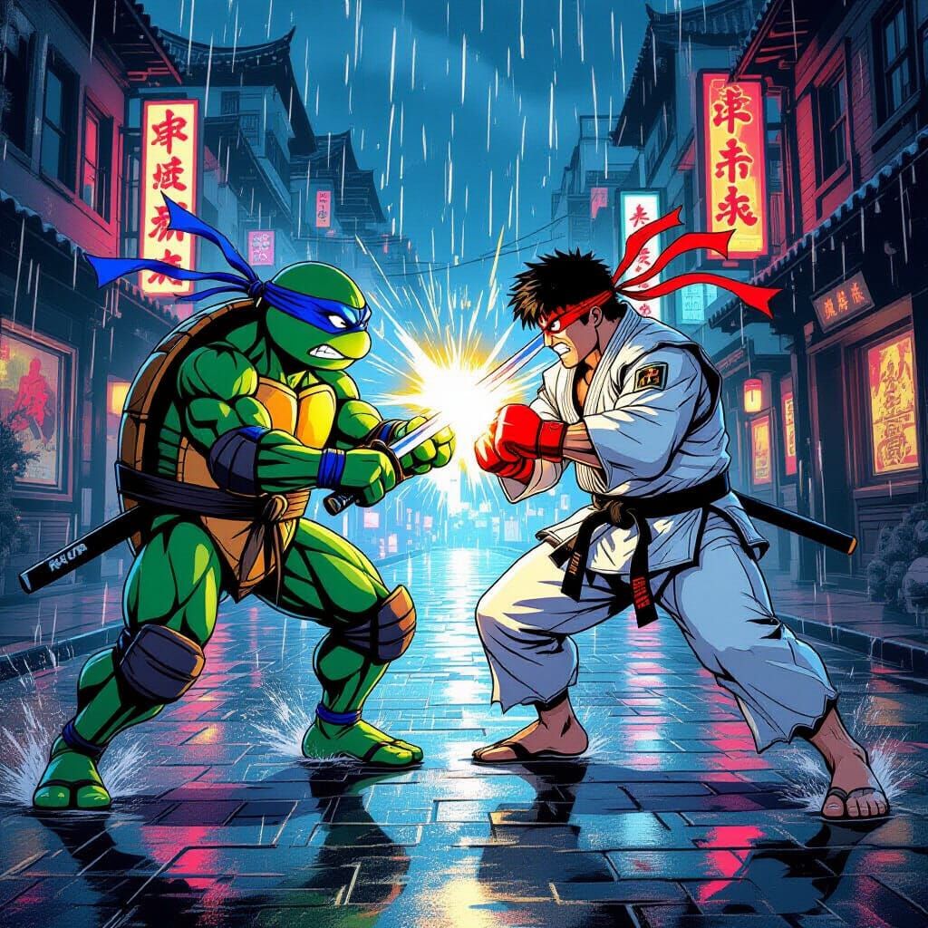 Leonardo vs. Ryu: Cyberpunk Comic Battle