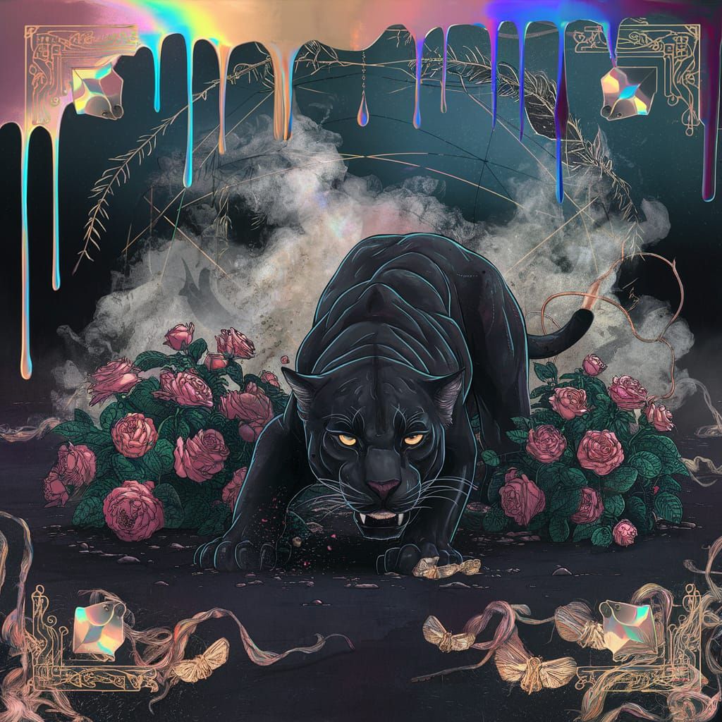 Eerie Black Jaguar in Holographic Forest Illustration