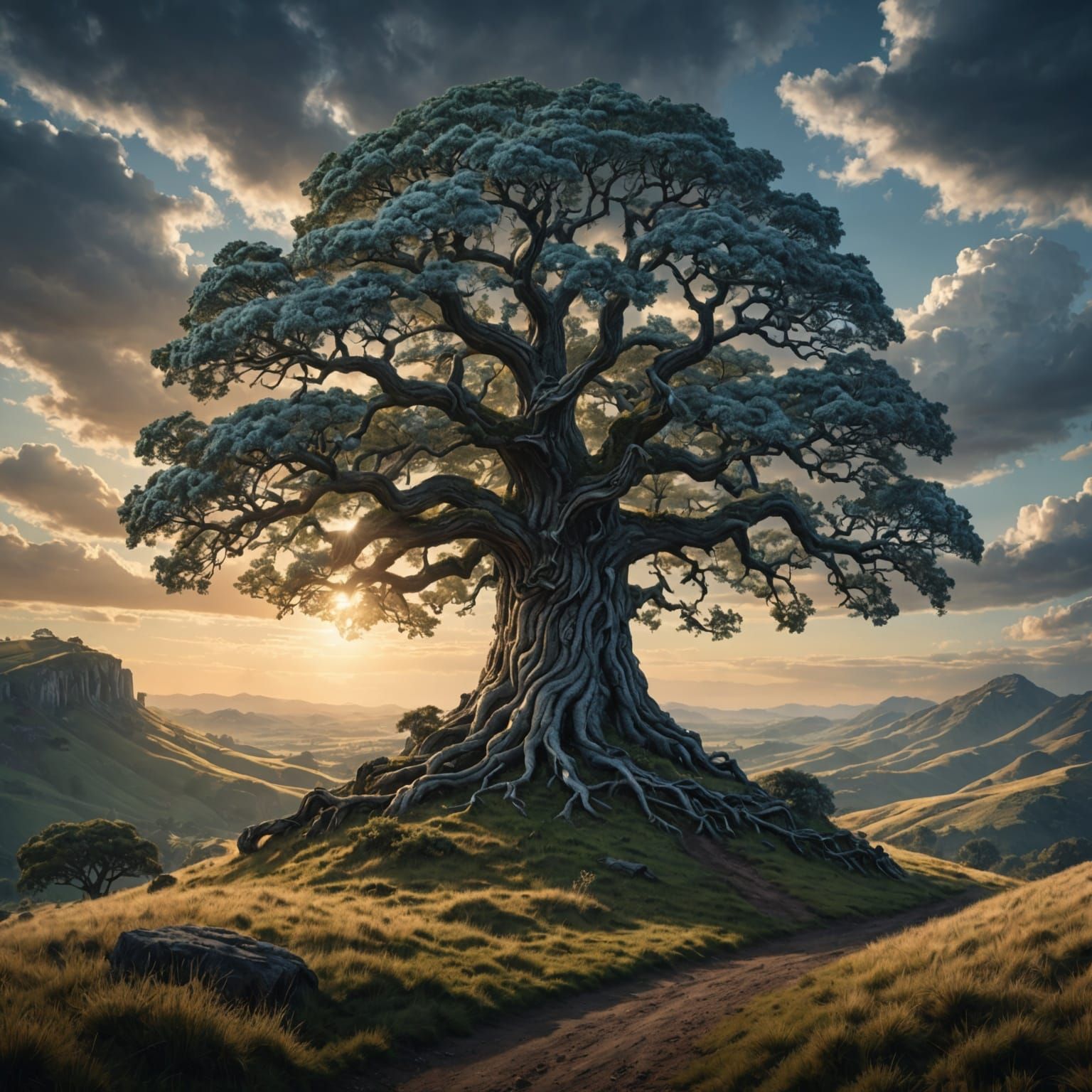 Silver Magical Oak Tree on a Hill: Digital Painting