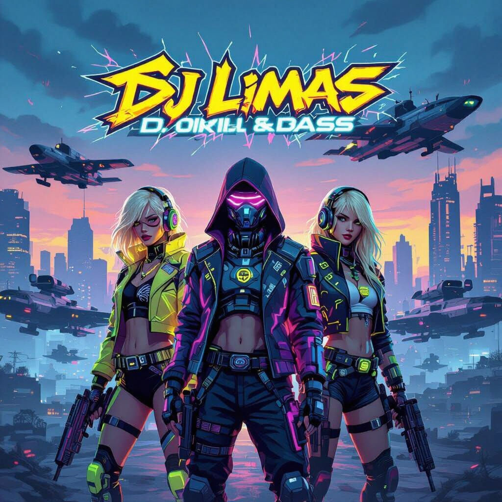 Cyberpunk Cityscape with Girls, Robots, and DJ Logo