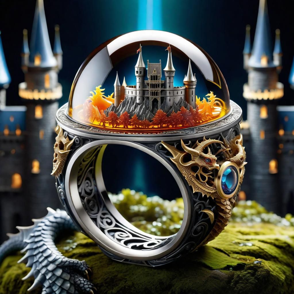 Fantasy Dragon Castle in Ornate Resin Ring