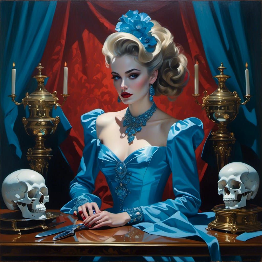 Gothic Portrait with Blue Skulls and Knife