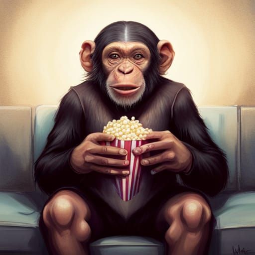 Chimpanzee's Movie Night: Hyperrealistic Digital Portrait