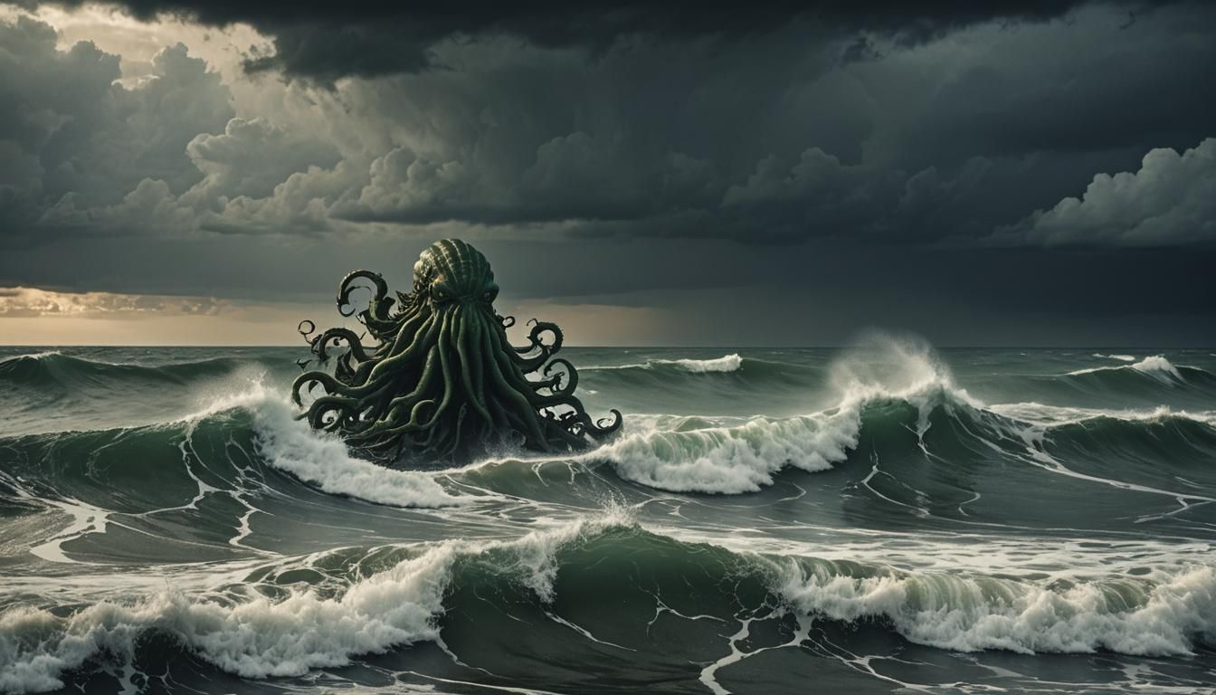 Cthulhu Rises from Stormy Sea: Cinematic Film Still