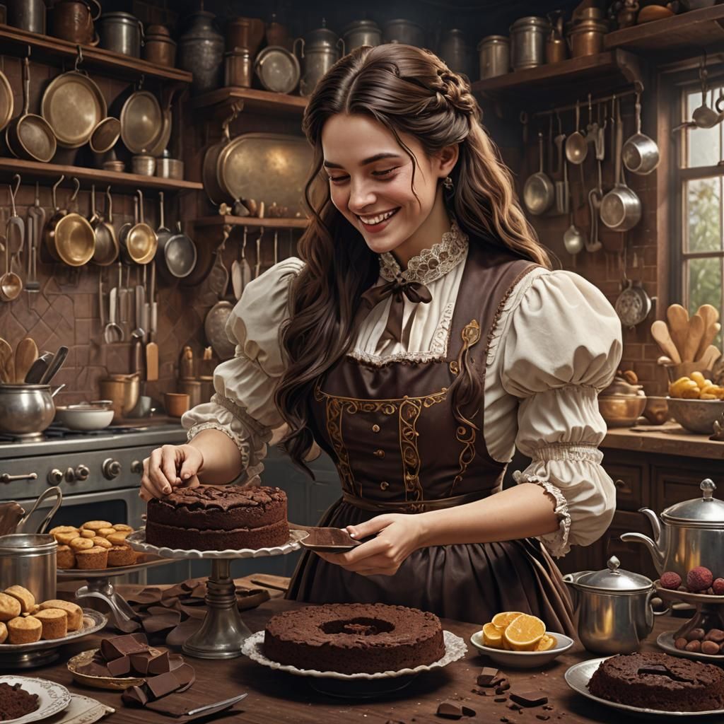 Victorian Girl Baking Chocolate Cake: Detailed Matte Paintin...