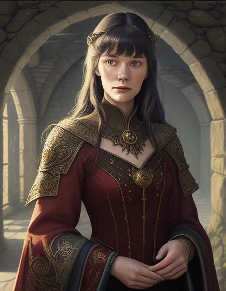 Fantasy portrait illustration. Medium shot. Betty Page, a ti...