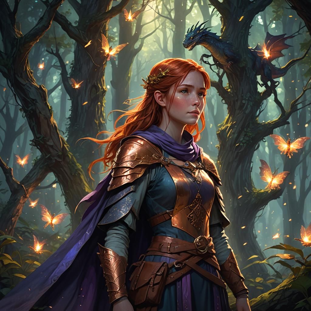 Girl with Dragon in Mystical Forest
