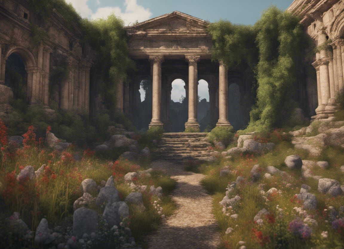 Roman Ruins with Wildflowers: Matte Painting