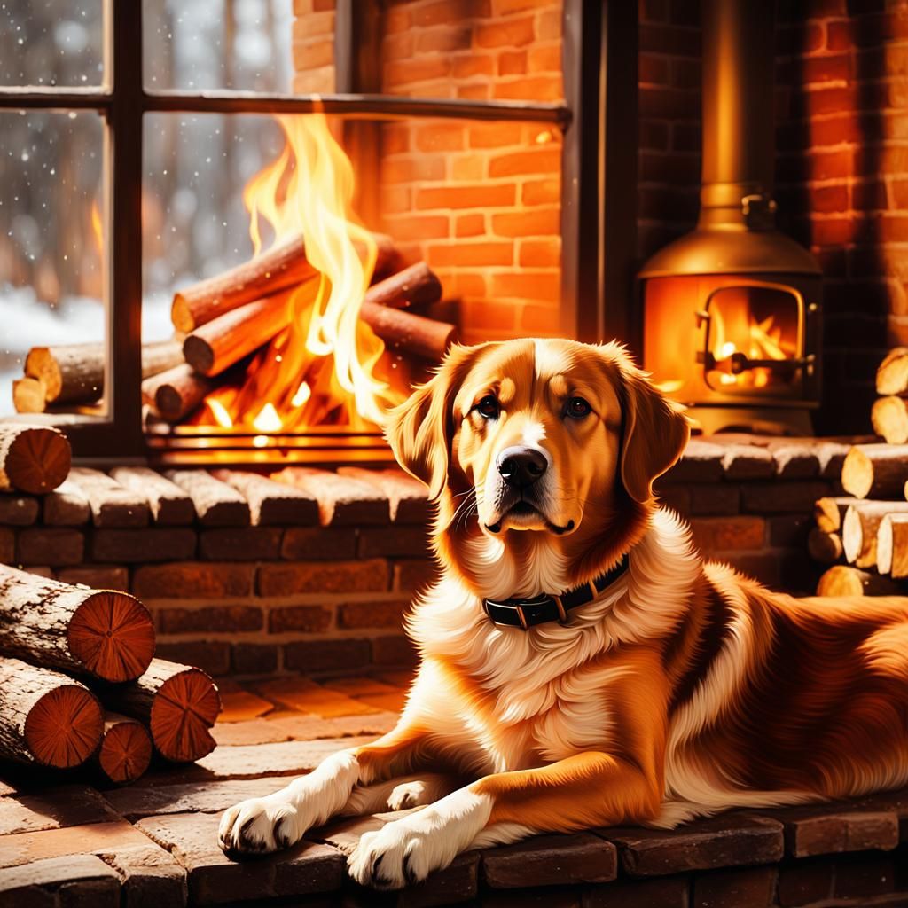 Cozy Fireplace Scene with Dog in Oil Painting Style
