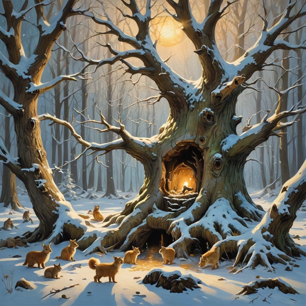 Enchanted Ice Haven in Ancient Oak, Oil Painting