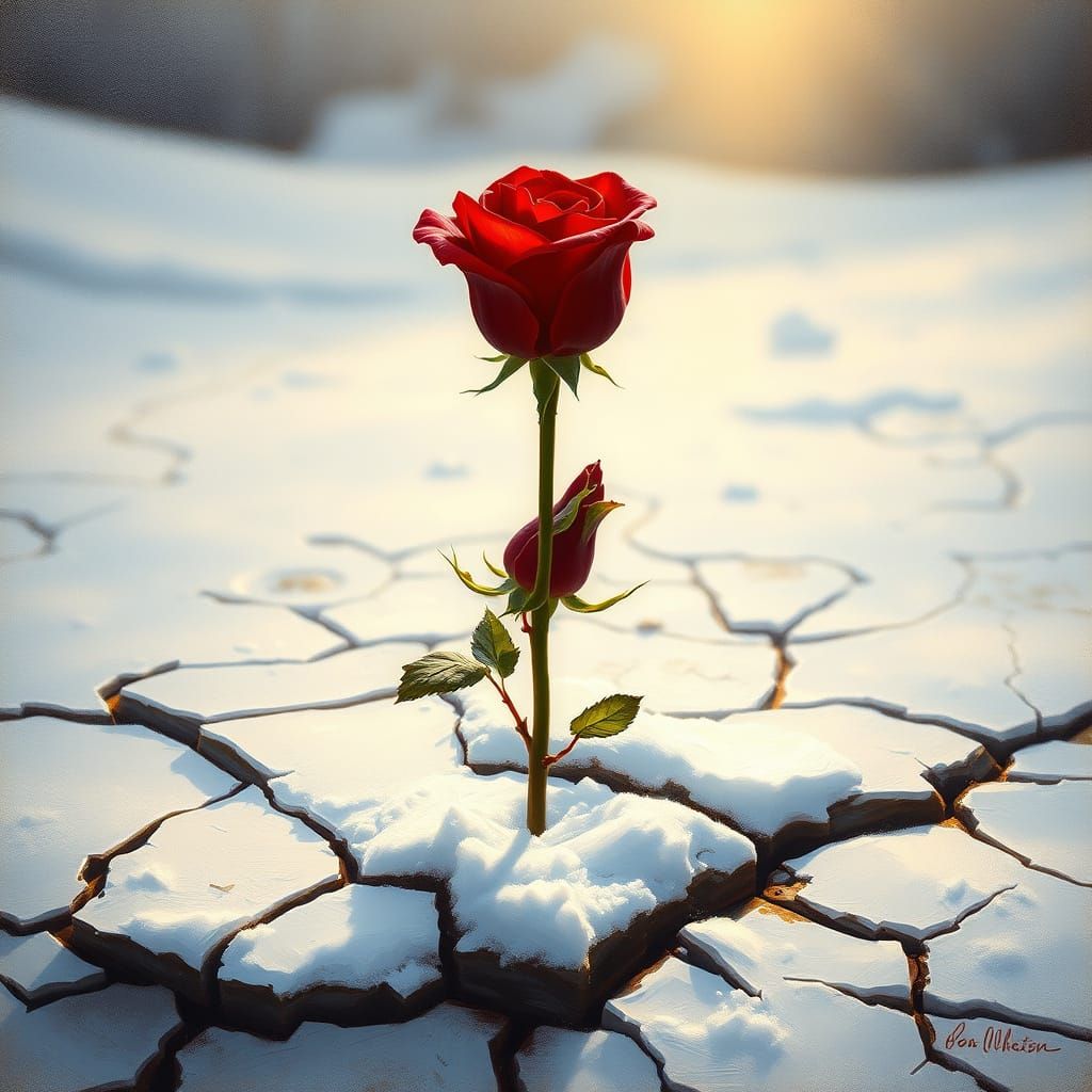 Red Rose Blooms from Snowy Earth in Ethereal Oil Painting St...