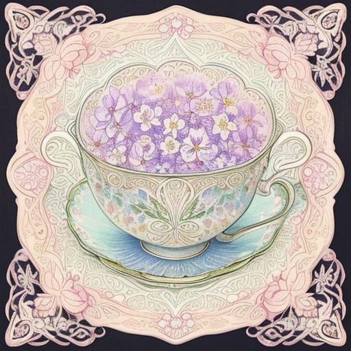 Art Nouveau Teacup Overflowing with Vibrant Blossoms