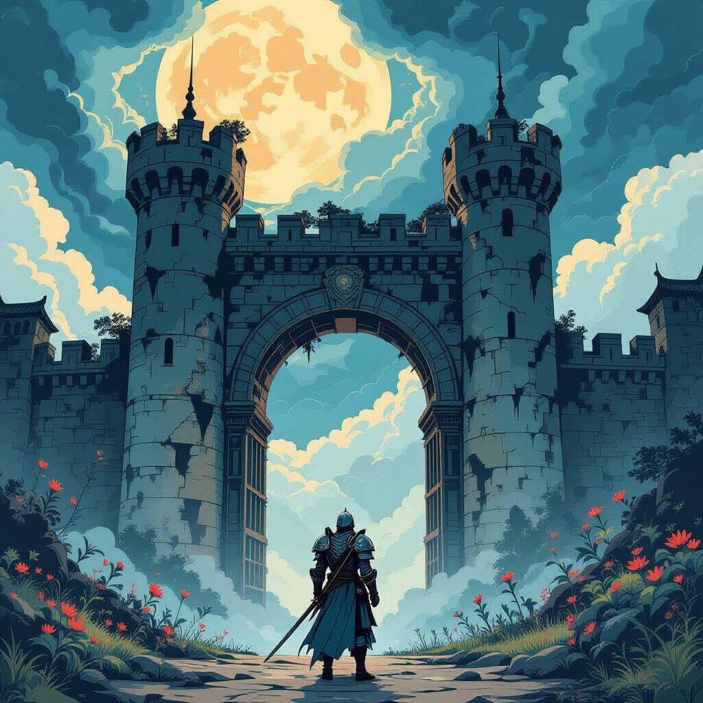 A lone knight in ornate, battle-scarred armor stands before ...