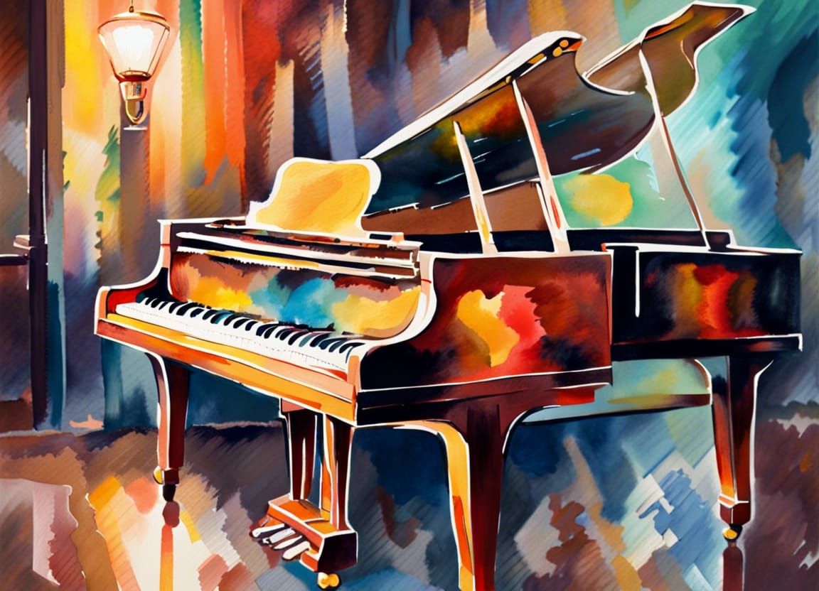 Jazz Bar Piano in Gouache Watercolor Style