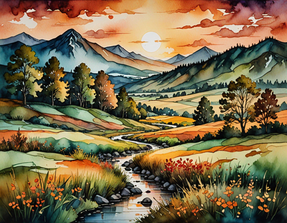 Rolling Hills at Sunset in Dreamy Watercolor