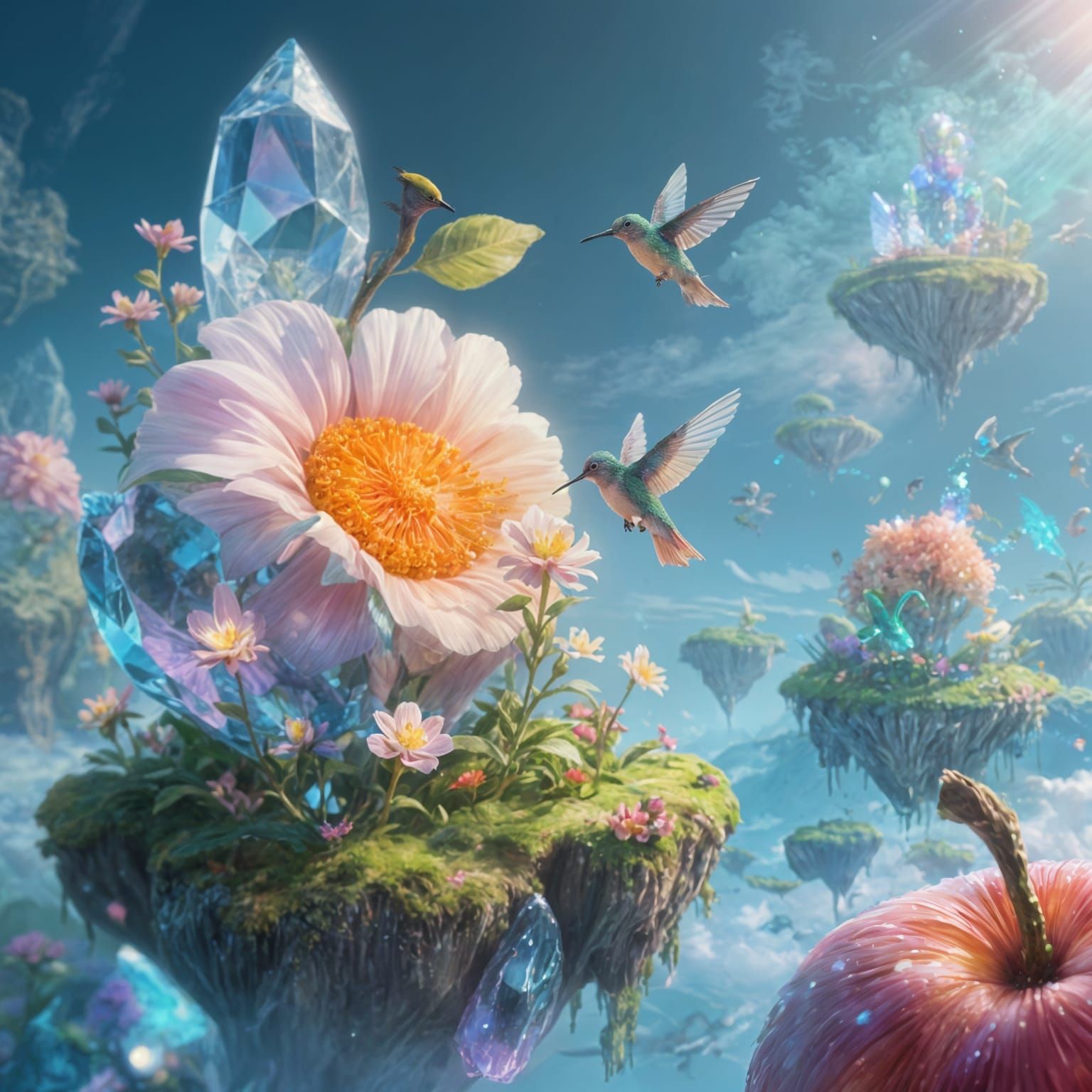Crystalline Fruit Islands with Hummingbirds in Dreamlike Dig...