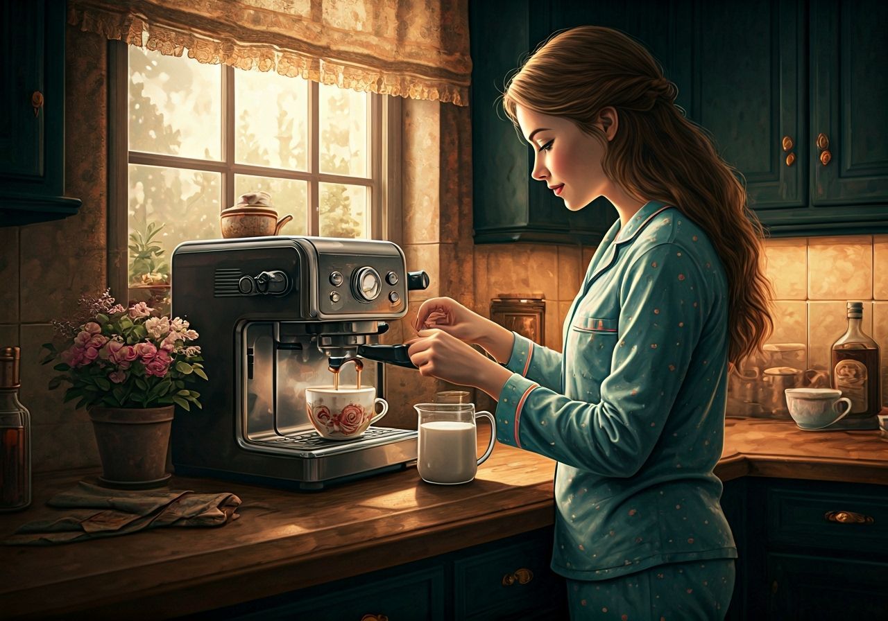 Quilted Housewife Makes Latte in Warm Kitchen