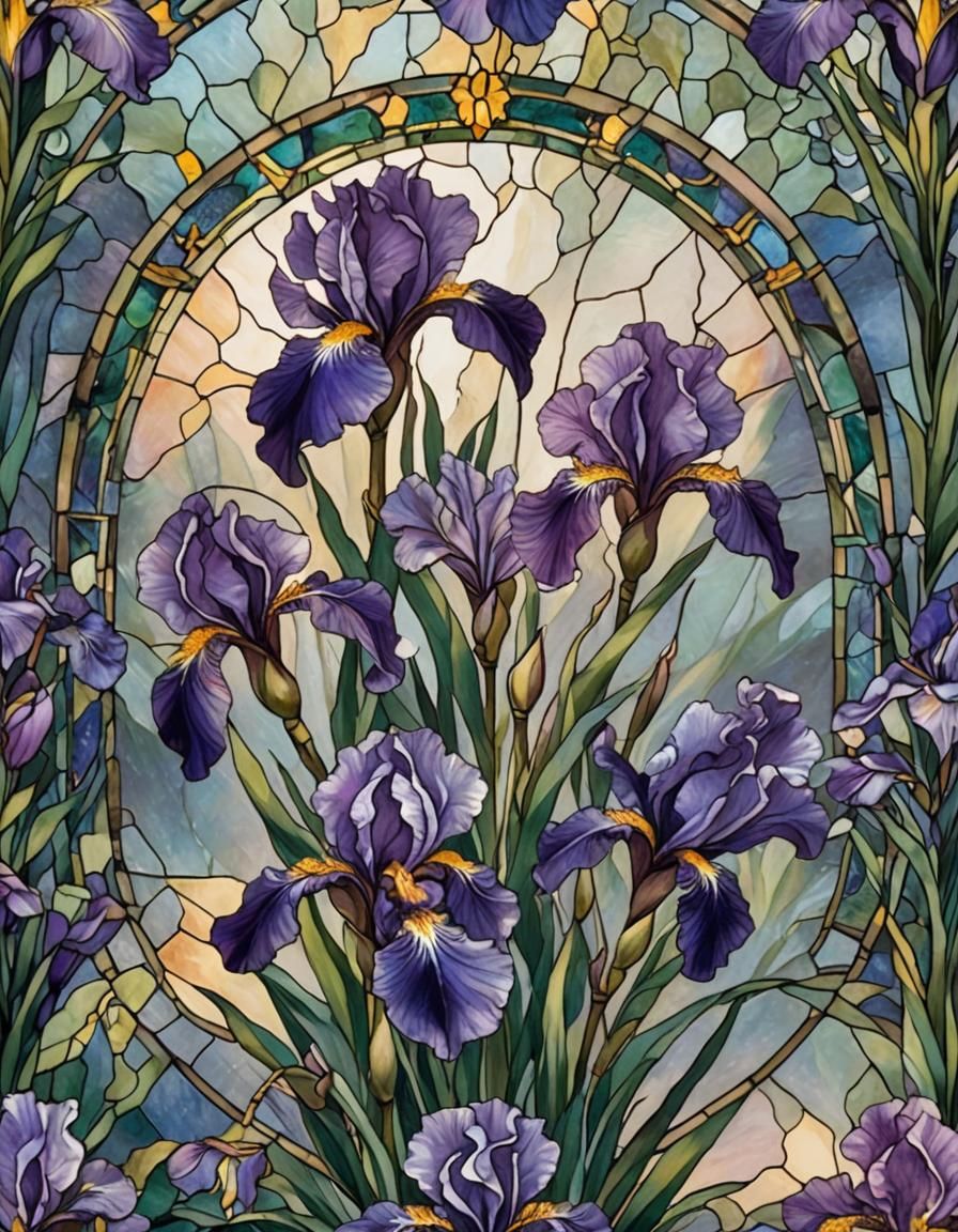 Purple Iris in Stained Glass Roundel
