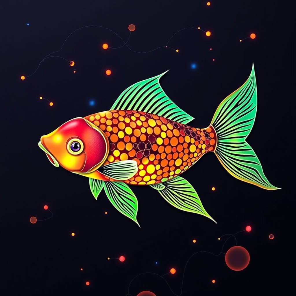 Futuristic Glowing Koi Fish in Crosshatch Style