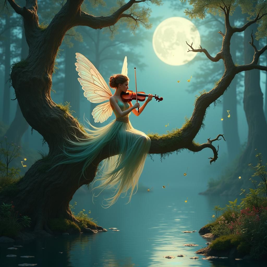 Fairy Violinist in Mystical Moonlit Forest