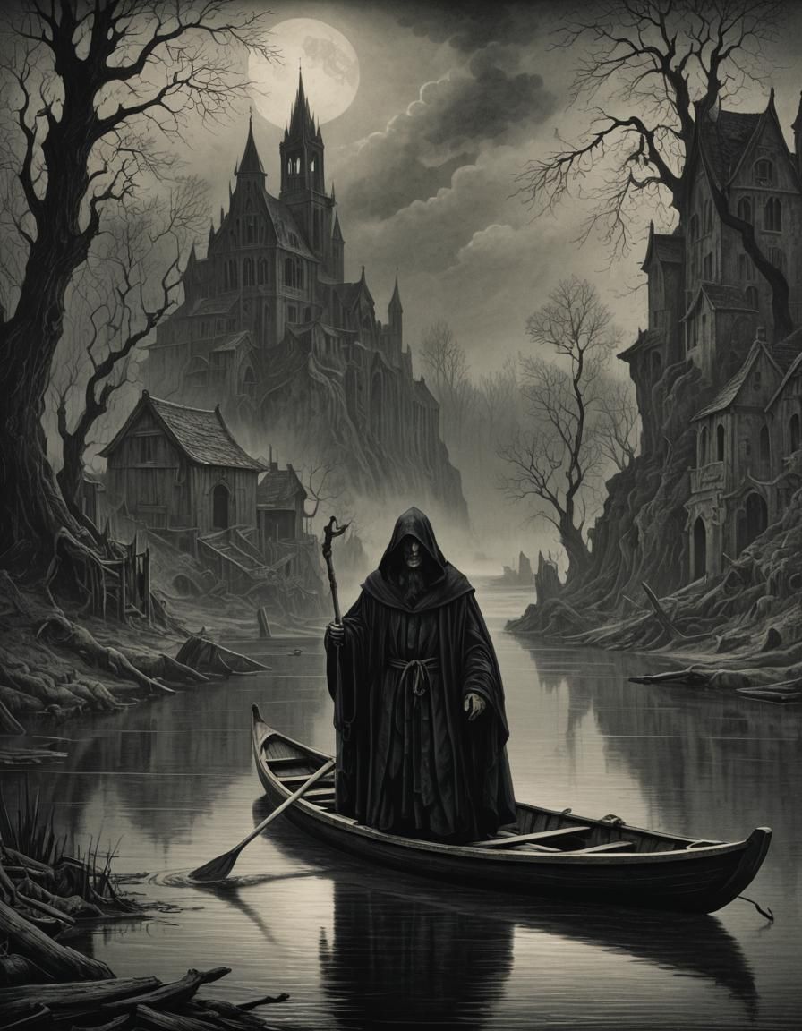 Charon on the River Styx: Etching in Dore Style