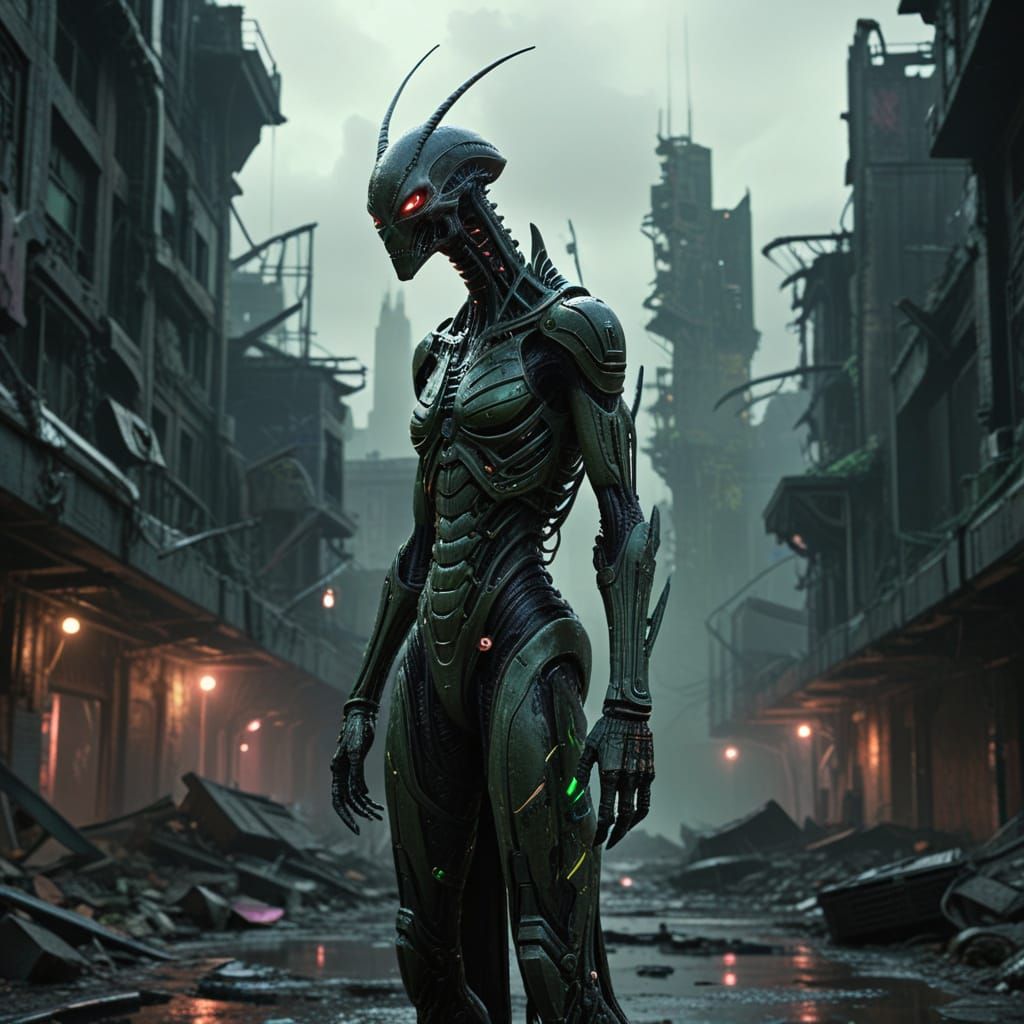 Cyberpunk Alien Amidst Ruins of a Post-Apocalyptic Metropoli...