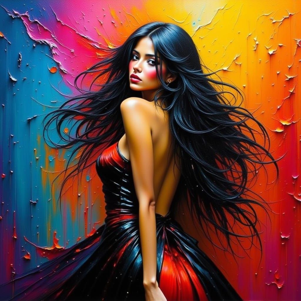 Woman in Elegant Dress with Colorful Paint Splash