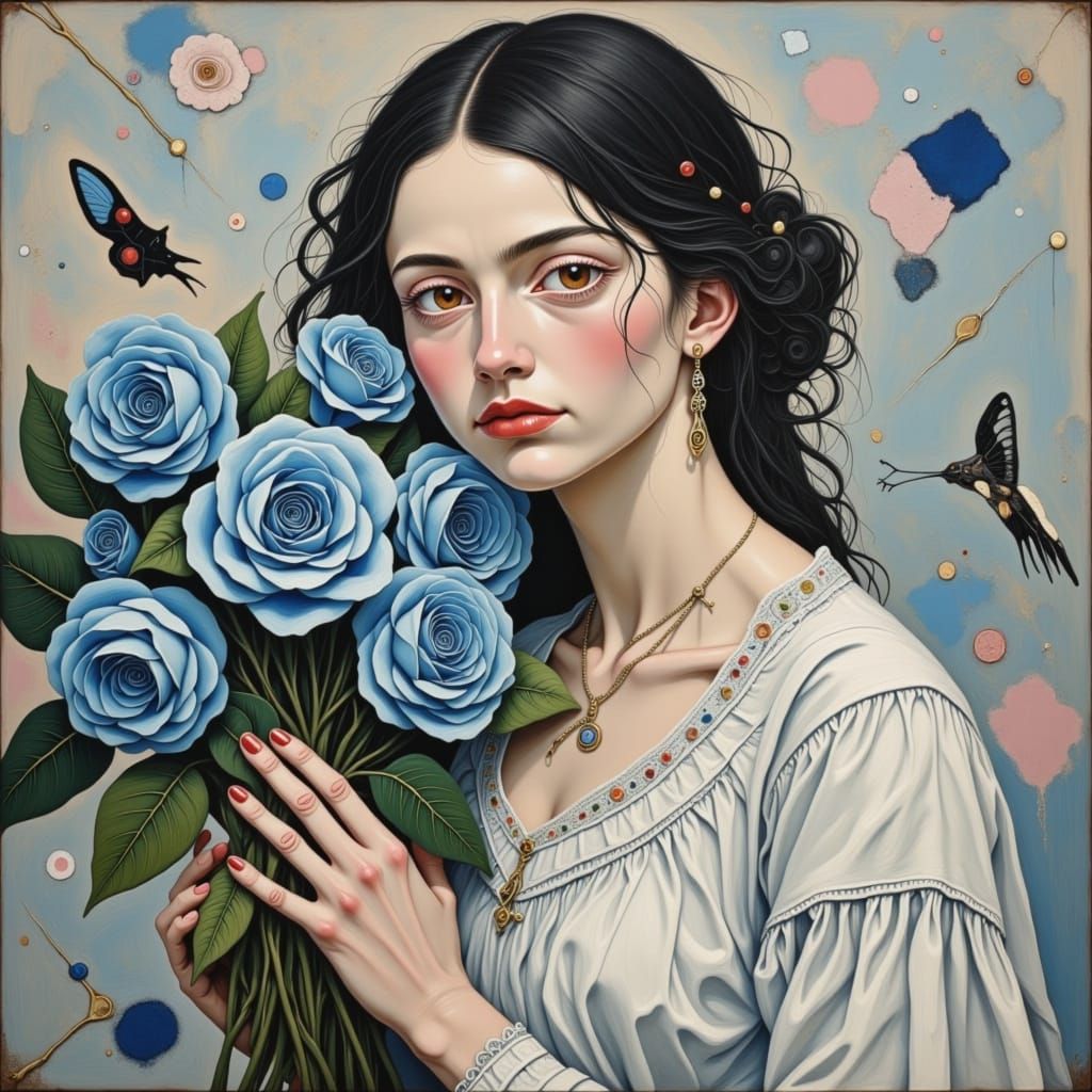 Saintly Woman with Blue Roses in Surreal Portrait