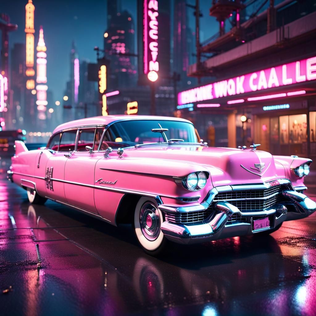 Pink Cadillac Fleetwood Races Through Future City