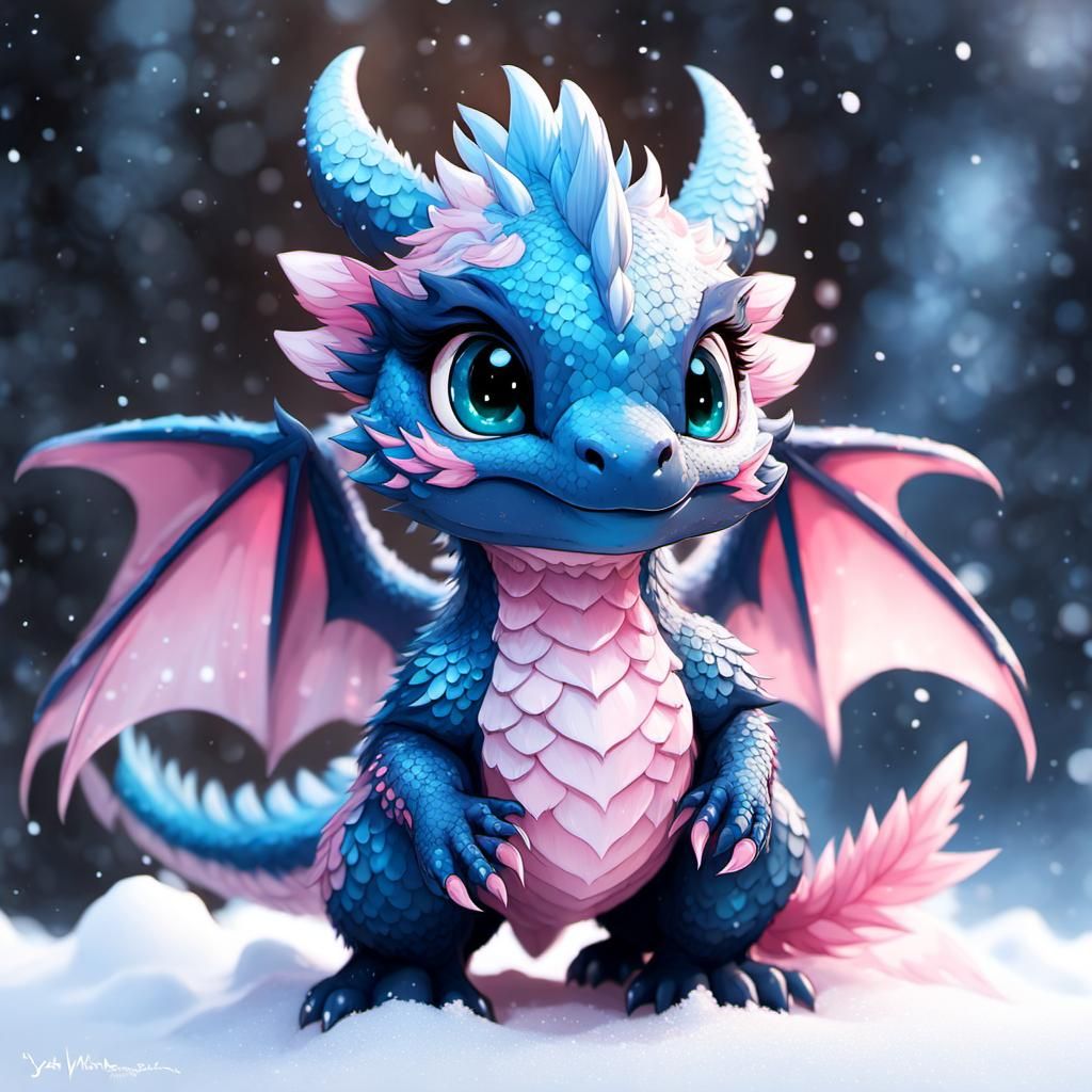 Chibi Dragon Playing in Snow, Digital Art