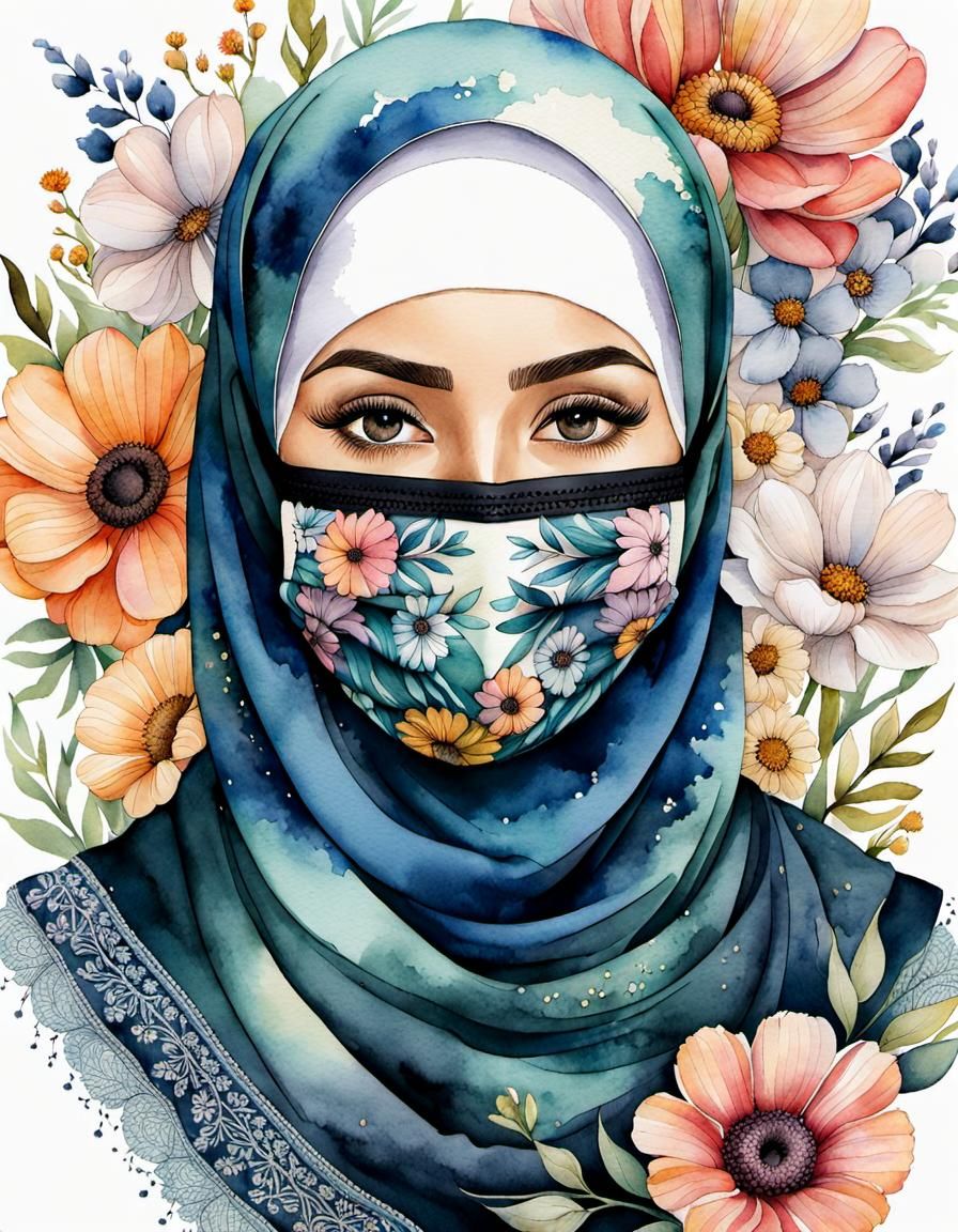 Beautiful Hijabi Woman Surrounded by Flowers in Watercolor