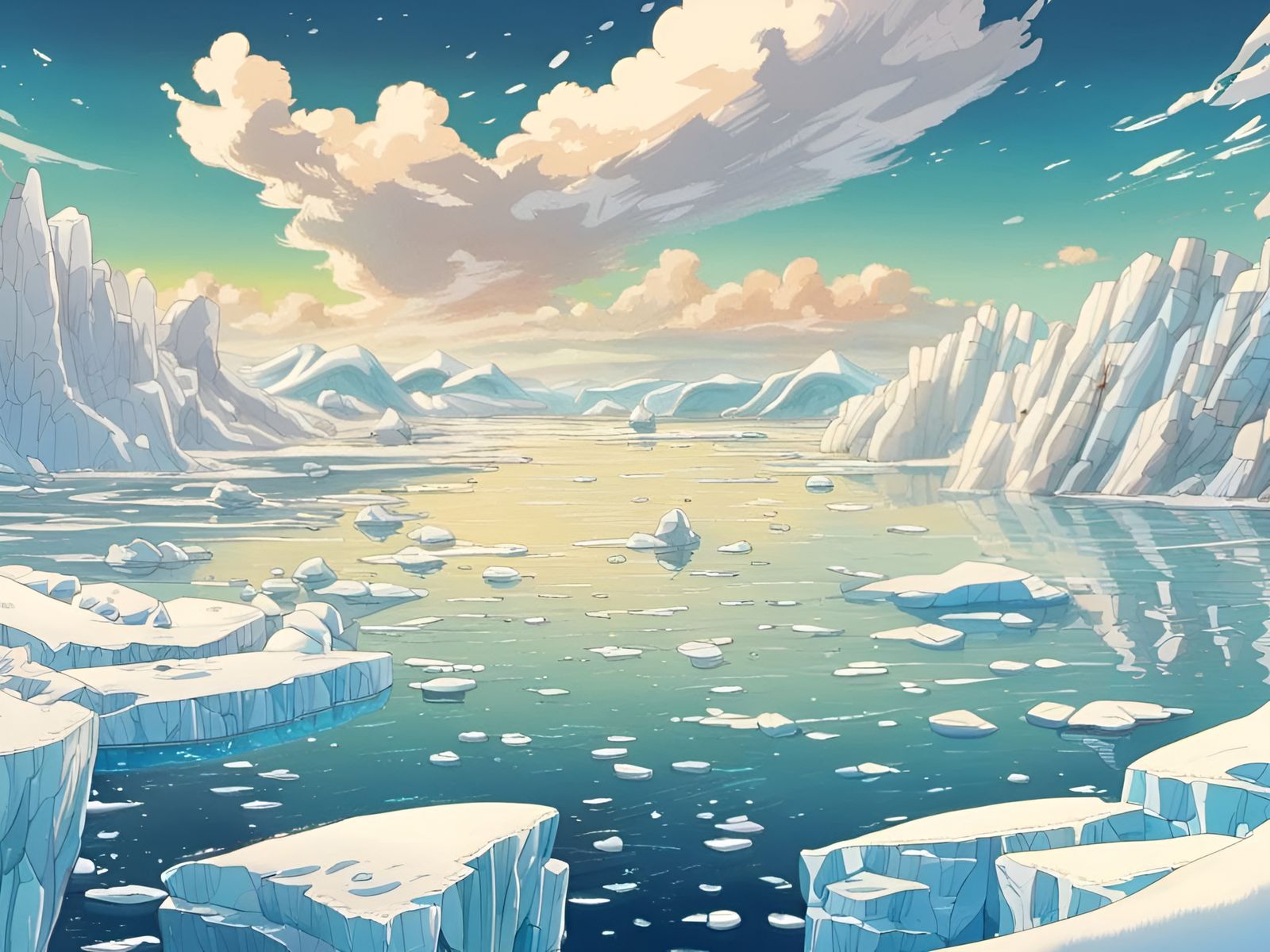 Anime Arctic Boat on Sunny Winter Day