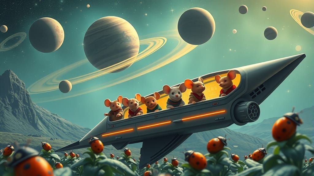 A diverse crew of Mice explorers aboard a sleek starship , l...