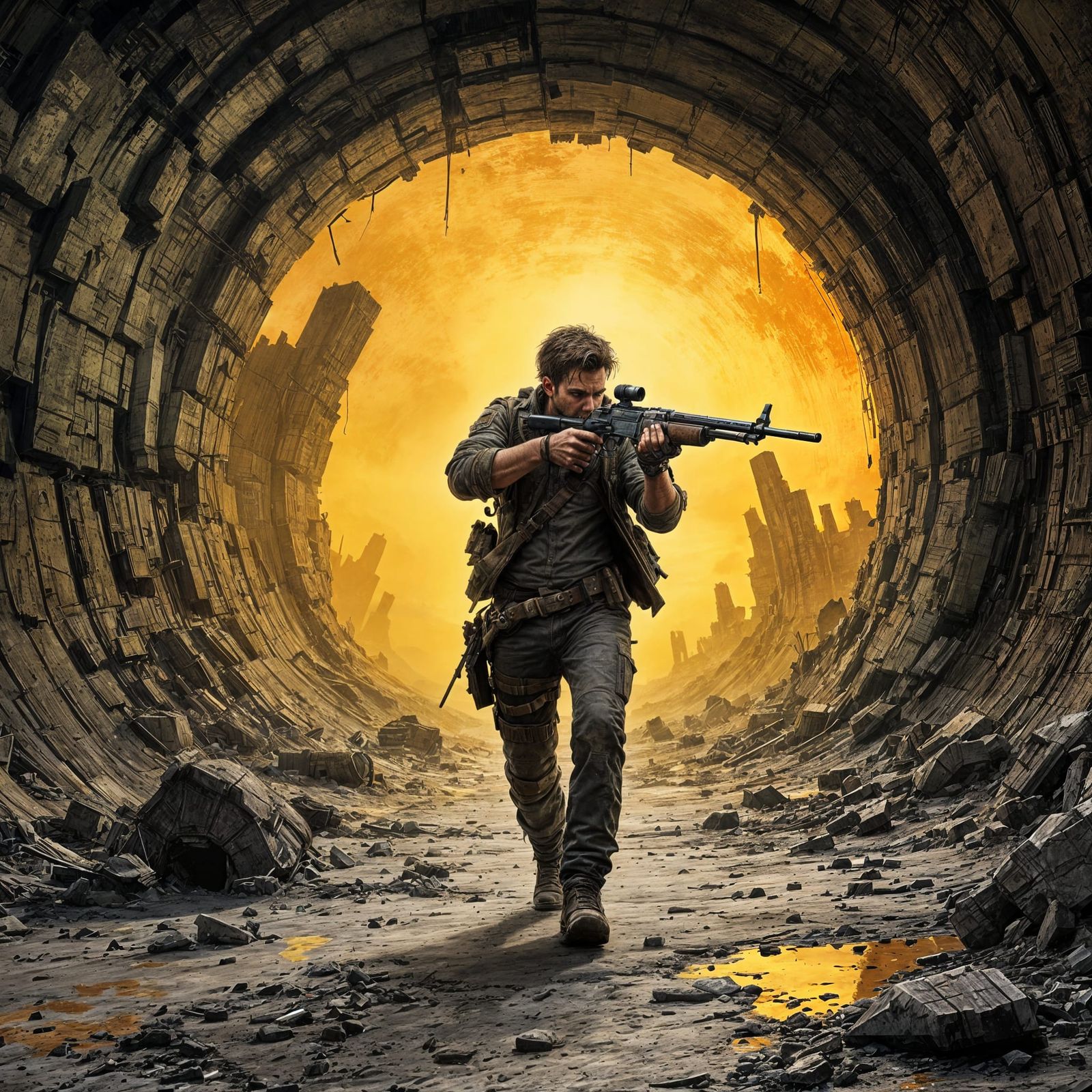 Postapocalyptic Scavenger in Radioactive Tunnel