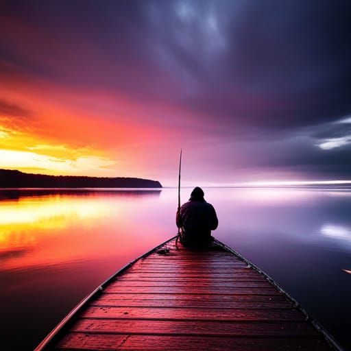 Old Man Fishing at Sunset on Great Lake