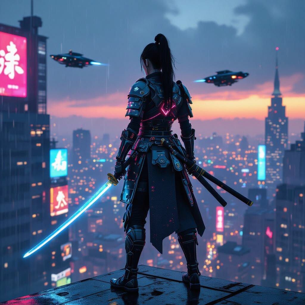Cyberpunk Samurai Warrior in Futuristic Cityscape