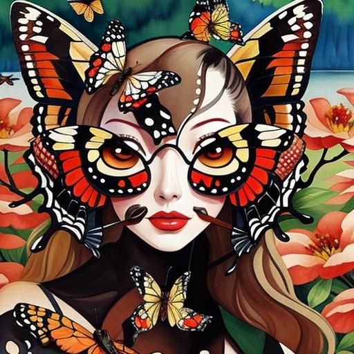 Watercolor Butterflies near Water, Ink Painting Style