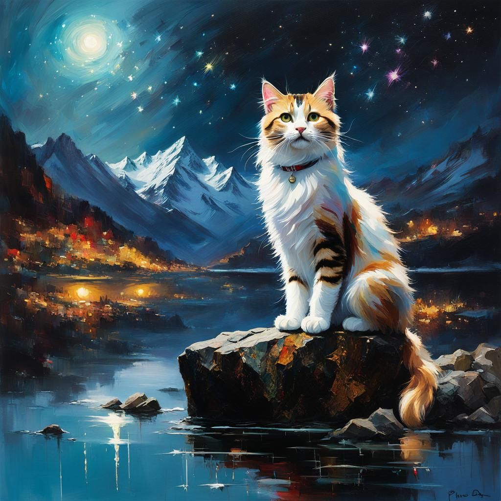 Cute Cat on Rock Under Starry Night Sky