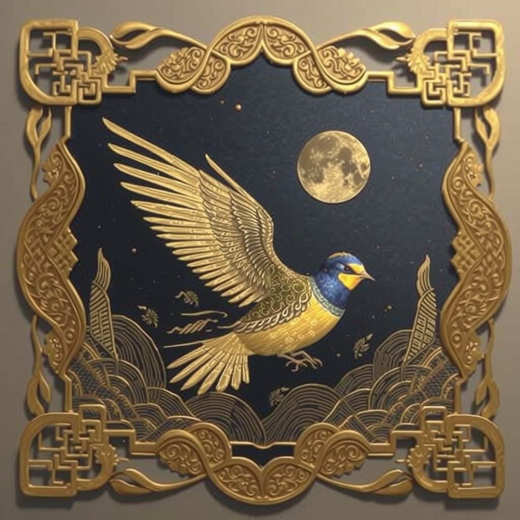 Golden Swallow Chasing Moon in Chinese Silk Tapestry