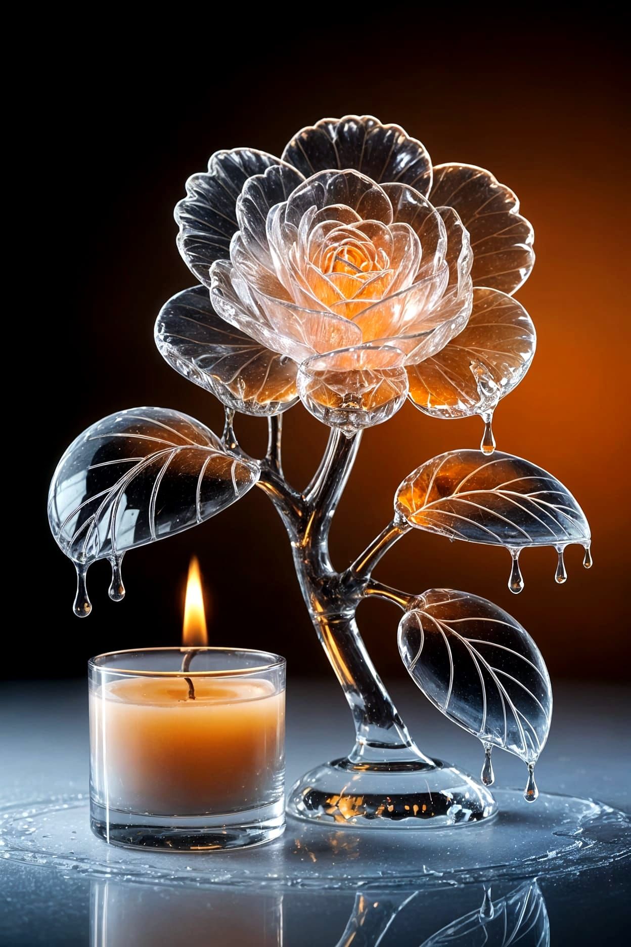 Frozen Camellia and Candle in Glass