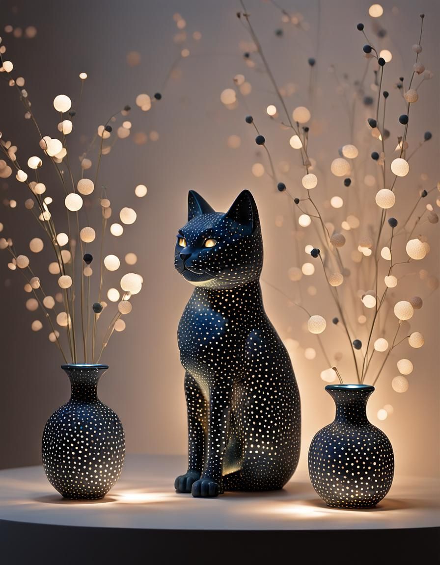 Polka Dot Cat Figurine with Vases