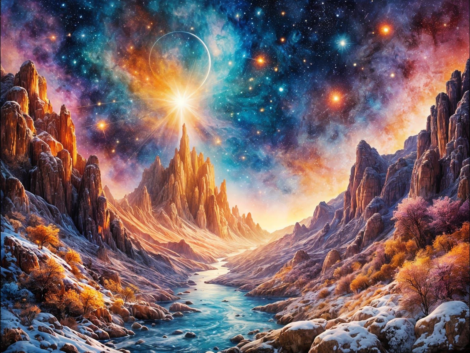 Surreal Candy Mountain in Cosmic Nebula