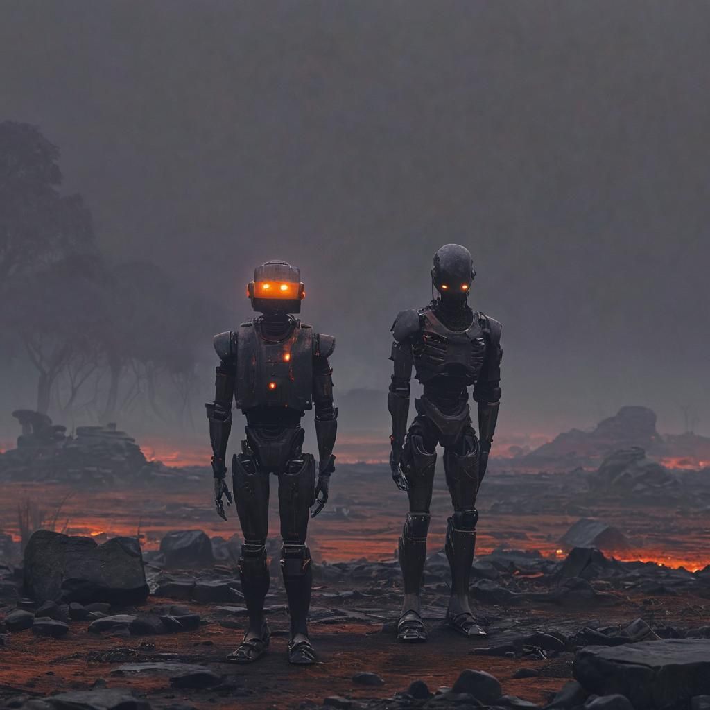 Ancient Robot Guarding Stone Field in Dark Fantasy Film